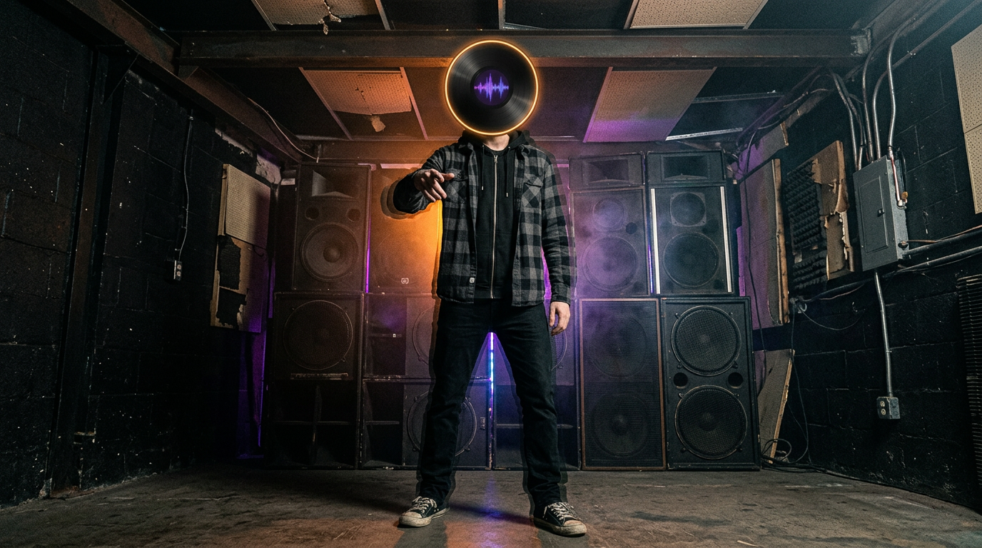 Record Head in a speaker-lined room, wearing his black vinyl-record mask with an amber ring and purple waveform